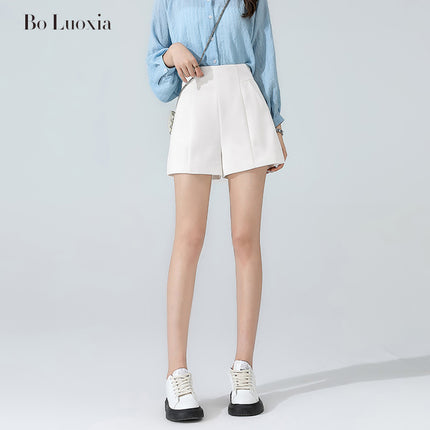 White Suit Shorts for Women, Summer 2024, High-Waisted Casual A-Line Wide-Leg Outerwear, Slimming Boot Shorts, High-Waisted and Slimming