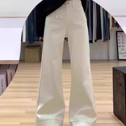 creamy-white Micro-Lam Jeans Women's Trendy All-Match New Korean-Style Ins High-Waist Slimming Narrow Wide-Leg Pants