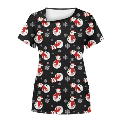 Cross-Border Aliexpress Amazon Women's Short-Sleeved Christmas Positioning Printed Flap Pocket Pants Top Scrub Clothes T-Shirt