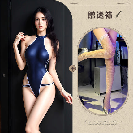Pure Desire Japanese-Style Hidden Button Open-Crotch Bodysuit Lingerie for Small Bust Enhancement