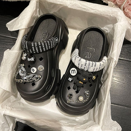 High-Heeled Clogs for Women, Summer Platform Thick-Soled Cartoon Two-Way Wear Closed-Toe Non-Slip Sandals for Outdoor Use in Summer