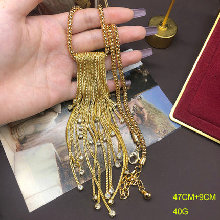 Western Middle Ancient vintage Jewelry Copper Chain Gold Plated Plain Gold Tassel Pendant Necklace Elegant All-match Woolen Chain