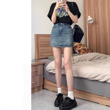 Blue Denim Short Skirt for Women, New Summer Style, Petite Pear-Shaped Figure, Plus Size, Slimming, Body-Hugging A-Line Skirt