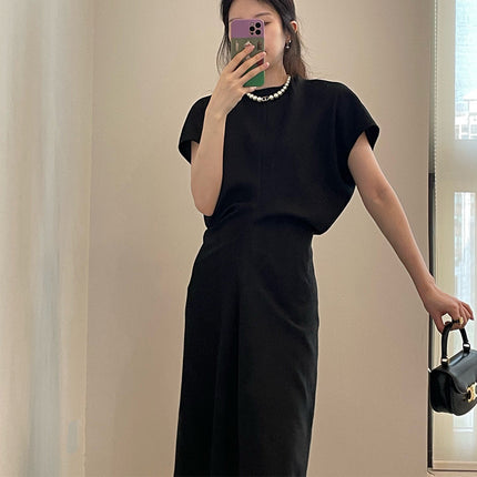 2023 Summer New Pinch Pleated Waist Dress Texture Linen Blended Light Mature Long Dress
