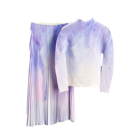 Gradient Print Stylish Age-Reducing Long-Sleeve Top Two-Piece Set European and American Export Pleated Slim-Fit Slimming Pleated Skirt
