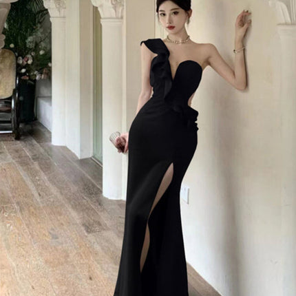 High-end Sexy Ruffle Evening Dress 2025 Elegant One-shoulder Banquet Host Car Model Split Dress