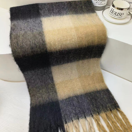 New Rainbow Plaid Tassel Scarf Women's Autumn and Winter European and American Cross-border Color-matching Cashmere and mohair Shawl Thickened Wai
