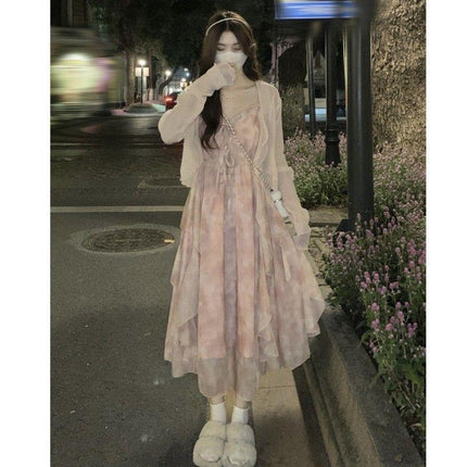 Pink floral gentle style suspender skirt cardigan two-piece set little fairy dress Mori first love skirt suit