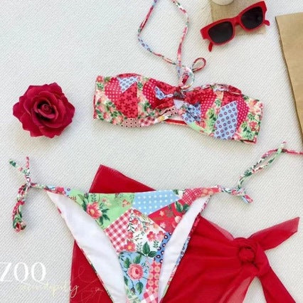 Europe and the United States new cross-border export hot-selling digital printing bow high waist split bikini swimsuit wholesale