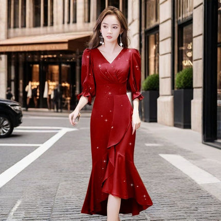 Fishtail Toast Dress Bride wine red Engagement Dress dress Usually Wear French Style Back Door Slim Wedding Girl