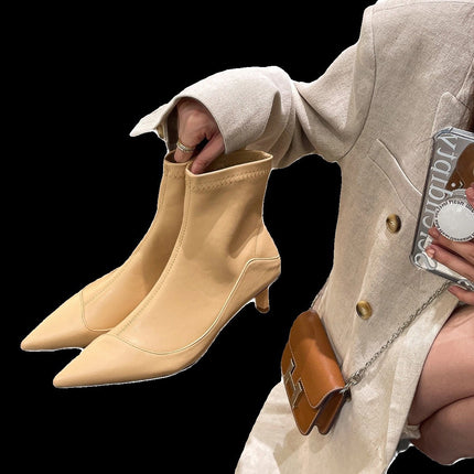 2025 Spring and Autumn New Retro Patchwork Pointed Toe Short Boots Women's Autumn New Soft Leather Kitten Heel Stretch Slim Boots