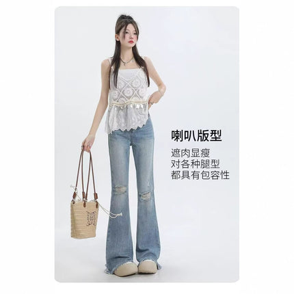 Light Blue Ripped Jeans for Women, Summer New Style, Tall 175cm, Slimming High-Waisted Fringed Extended Flared Pants