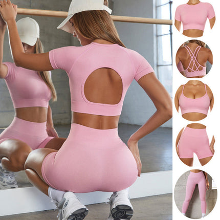 2022INS new European and American cross-border seamless yoga clothing women's sports fitness short sleeve high waist hip pants suit