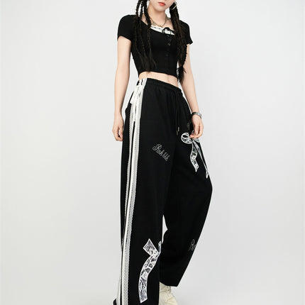 Street Dance Trendy Brand Lace Bow Sports Suit Cropped Short-Sleeve T-Shirt Jazz Pants Women Slim Loose Pants