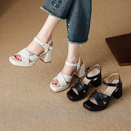 Casual Fashion Sandals Thick Sole 2025 Summer Square Toe Cross Strap Buckle Thick High Heel Cowhide Metal Women's Shoes