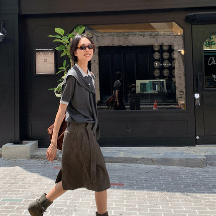 Neihe Vintage Straight Mid-Length Leather Skirt for Women, Autumn New Style Skirt Cm255073