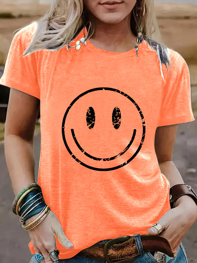 Amazon European and American summer women's smiling face pattern round neck short sleeve casual fashion T-shirt foreign trade women's explosive