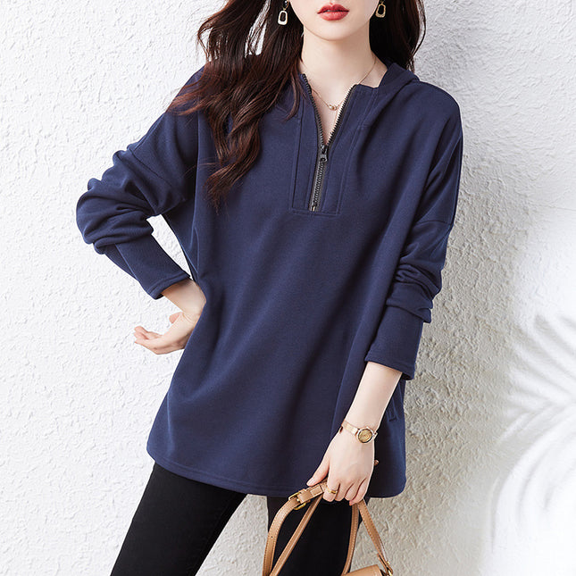 Real Shot Short Video European Plus-Size Solid Color Zip-Up Hooded Pullover Sweatshirt for Women, Loose Fit, Autumn
