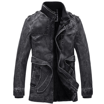 European and American style retro winter men's leather jacket velvet padded PU leather jacket medium and long plus size coat 6XL