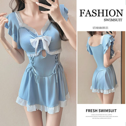Swimsuit for Women 2025 New Sweet Bow One-Piece Skirt Style Conservative Slimming Look Belly-Covering Vacation Swimsuit Student Hot Spring