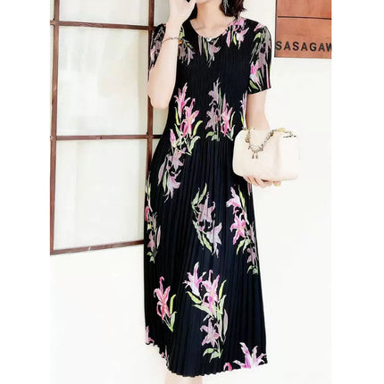 Miyake pleated 2025 summer new temperament round neck printed pleated skirt fashion waist thin magic dress