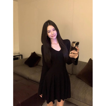 French Style Elegant V-neck Long-sleeved Knitted dress Women's Autumn Gentle Figure Inner Base Skirt A- line Skirt Short Skirt
