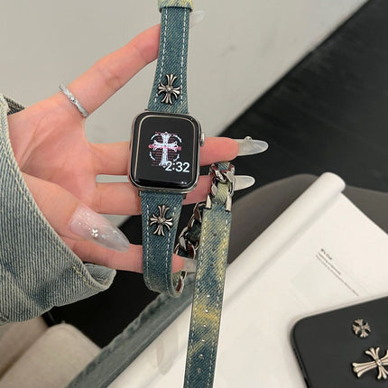 Denim Crocore Double Ring Genuine Leather Thin Strap for Apple Watch iwatchS987654SE Women Ultra