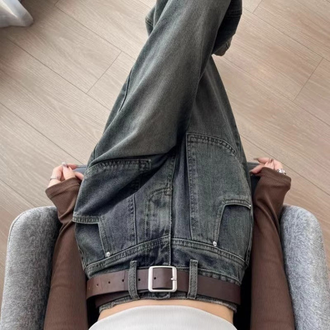 Cement Grey Straight Leg Jeans Women's Fashion All-match New American Style High Waist Slimming Loose Casual Wide Leg Pants