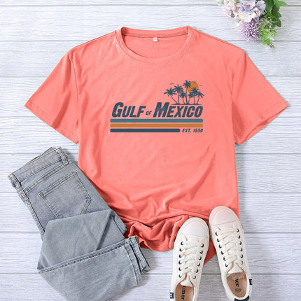 Amazon Supply Guif of Mexico Printed Short-Sleeved Women's Casual Summer Casual Loose Round Neck