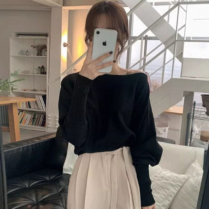 Korean Chic Autum Retro Elegant Round Neck Pullover Pure Color Loose Versatile Lantern Sleeve Knitwear for Women