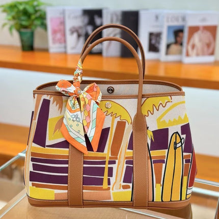 2025 New Canvas Top Layer Cowhide Women's Bag Garden Handbag Large Capacity Genuine Leather Contrast Shoulder Tote Bag