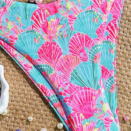 Highly Elastic Shell-Shaped Random Print Bikini Set with Metal Shell Decoration, Suitable for the Beach