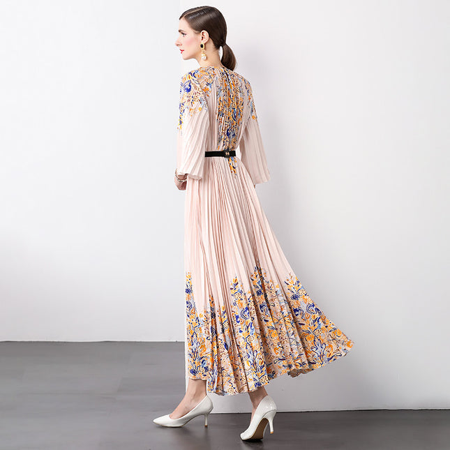 Cross-border 2024 new socialite pleated waist printed fashion large skirt organ pleated dress
