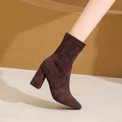 2025 Autumn and Winter New Style Thick-Heeled Fashion Short Boots for Women, Sock Boots for Petite Figures, High-Heeled Slim Boots, Black Ankle Boots