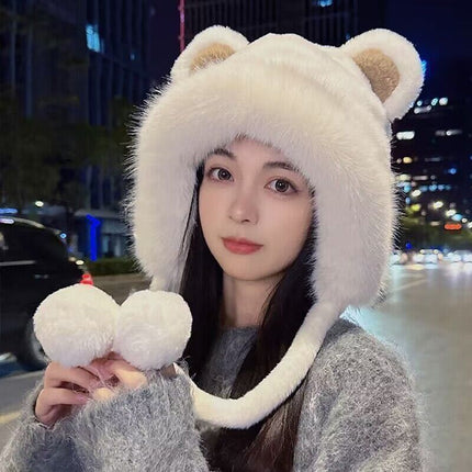Little Bear Plush Hat for Women, Outdoor Cycling Warm Ear Protection Hat, Windproof and Cold-Resistant, Sweet Princess Style with Bear Ears, Chanel-Inspired