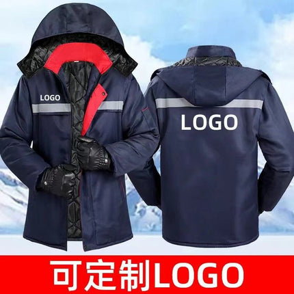 Logo Printed Winter Work Cotton Jacket, Warm Mid-Length Cotton Coat, Mechanic/Auto Repair Cotton Jacket, Cold Storage Clothing, Thickened for Cold Protection