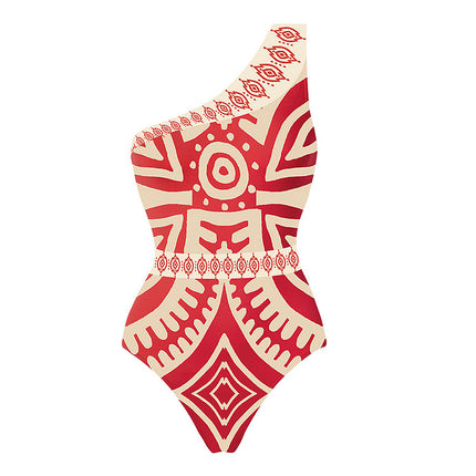 One-Shoulder Ethnic Style Printed One-Piece Swimsuit Suit for Women 2024 Beach Vacation Swimsuit New Style 2703