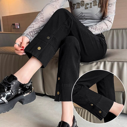 light blue Narrow Smoke Tube Jeans Women's Fashionable All-match High Waist Meat Covering Slimming Flap Cropped Straight Pants
