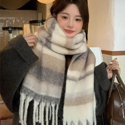 New Maillard Cashmere Plaid Scarf Women's Autumn and Winter Thickened Warm Shawl Dual-purpose Solid Color Student Scarf