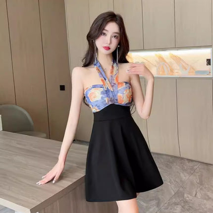 Small Sexy Contrasting Color Strapless Strap Printed Stitching Dress Night Bath Shop Technician Work Clothes