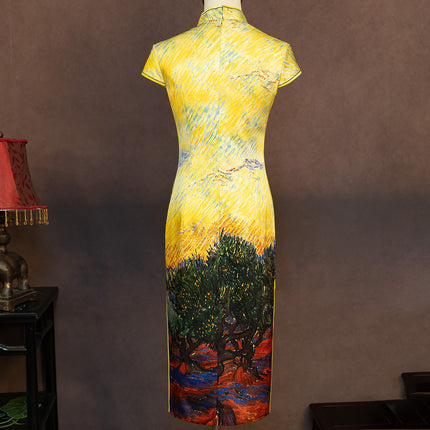 Hand-Painted Original Silk Cheongsam by Yan Yan, Olive Tree Makeup Photo Studio Custom Cheongsam