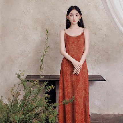 ycfs1621 New Chinese Style National Style Retro Orange Summer Elegant Simple Long Slip Skirt Cardigan Two-Piece Set