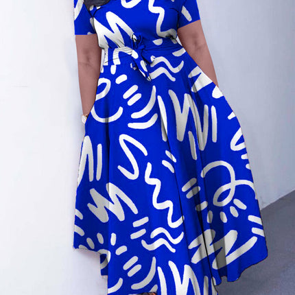 Q125 summer new fashion cross-border Amazon temperament women's lace-up printing foreign trade plus size European and American dress
