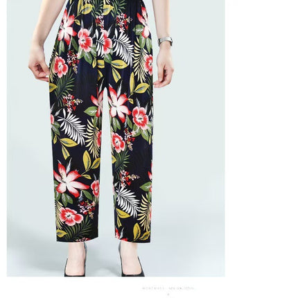 Middle-Aged and Elderly Women's Summer Thin Floral Pants, Loose Fit, Ice Silk Cropped Granny Pants, Direct from Manufacturer
