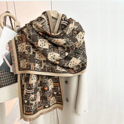 New Double-Sided Scarf for Women with Cute Cats, Thickeneded Imitation Cashmere Shawl for Winter, Knitted Warm Scarf, Versatile