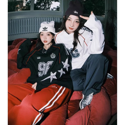 American Letter V-neck Long Sleeve T-shirt Men's and Women's Spring and Autumn Stripe Contrast Color Couple's oversize Ball Suit Design Sweatshirt