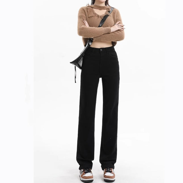 High-Waisted Black Straight-Leg Jeans for Women, Trendy Versatile New Style, Fleece-Lined, Slim-Fit Narrow Wide-Leg Cigarette Pants