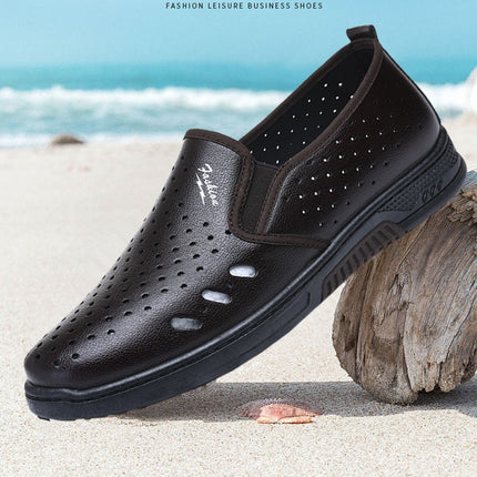 Summer Men's Sandals, Breathable Hollow Casual Leather Shoes, Soft Soles, Non-Slip Soft Leather, Lightweight Work Shoes, Clogs