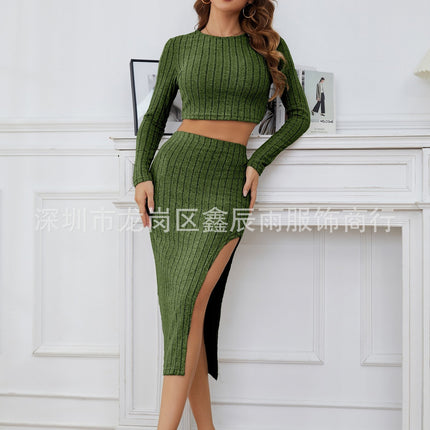 Factory Direct Sales 2025 Slim-Fit Fashionable Solid Color Ribbed Women's Round Neck Long-Sleeve Side-Slit Skirt Set
