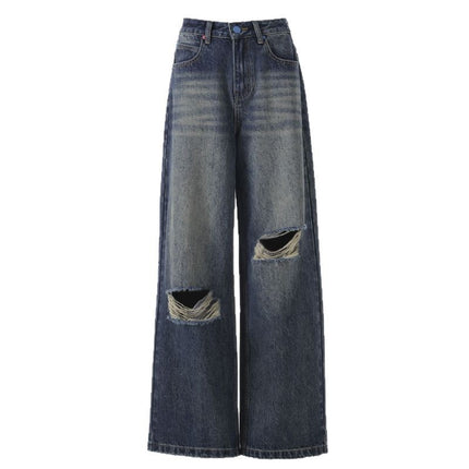 Spring and Summer New Retro High Waist Ripped Jeans Women's Loose Slimming Straight All-match Dipped Wide Leg Pants for Women